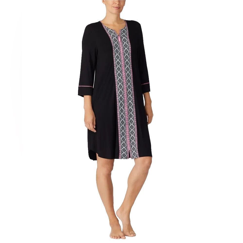 Ellen Tracy Women's Short Zip Front Robe Black Border Large‎ NWOT